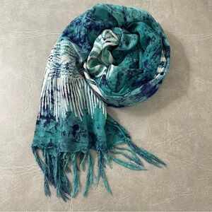 Fringed Blue/Bluegreen Leaf Print 20” x 64” Batik Scarf